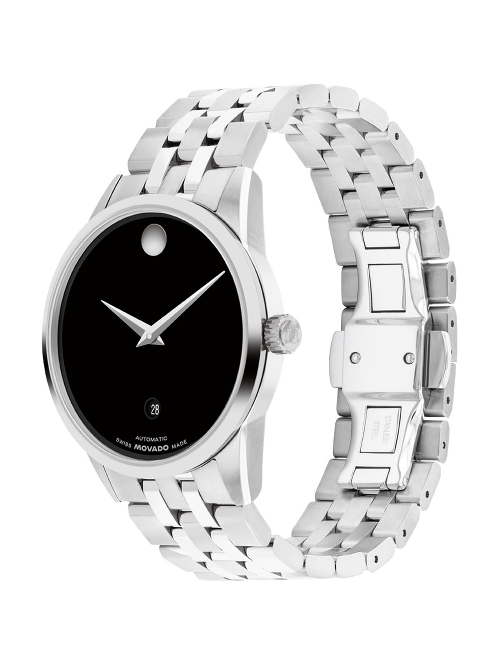 Movado Black Dial Silver-Tone Link Bracelet Watch